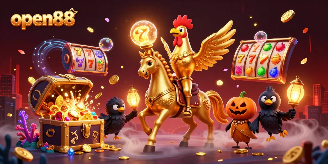 Win big at open88 with a gold rooster in a vibrant casino, surrounded by slot reels and shining gems.