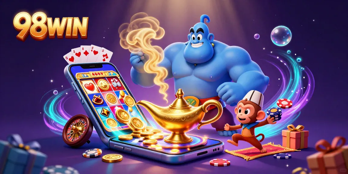 Experience excitement at 98WIN with vibrant slot games, poker chips, and a magical atmosphere.