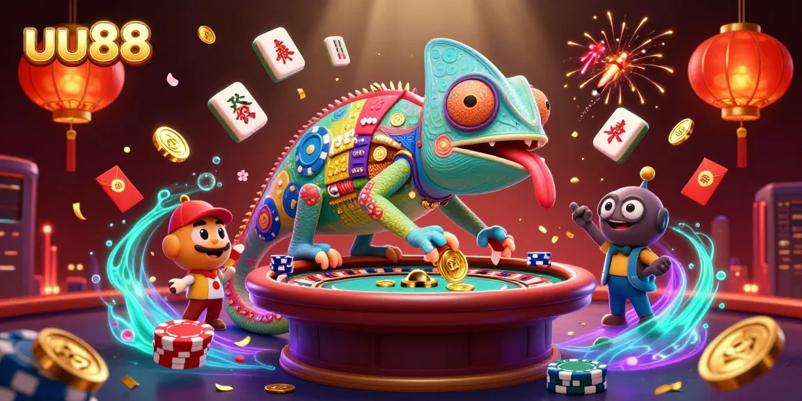 uu88 engaging players with dynamic gaming atmosphere, featuring a chameleon casino owner and vibrant elements.